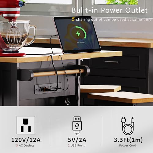 53" Rolling Large Kitchen Island Set with Power Outlet,Mobile Carts with Storage Cabinet,Extra Drop Leaf,3 Drawers and 5 Open Side Racks,Wood Table for Dining Room (Island & Stools)