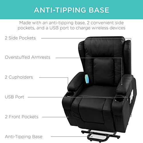 Best Choice Products PU Leather Electric Power Lift Chair, Recliner Massage Chair, Adjustable Furniture for Back, Legs w/ 3 Positions, USB Port, Heat, Cupholders, Easy-to-Reach Side Button - Brown