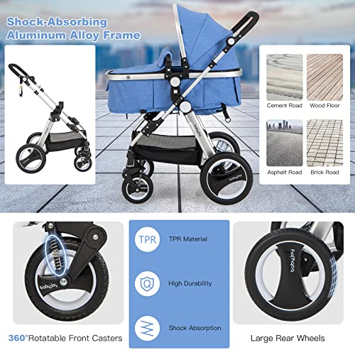 BABY JOY Baby Stroller, 2-in-1 Convertible Bassinet Reclining Stroller, Foldable Pram Carriage with 5-Point Harness, Including Cup Holder, Foot Cover, Diaper Bag, Aluminum Structure, Khaki