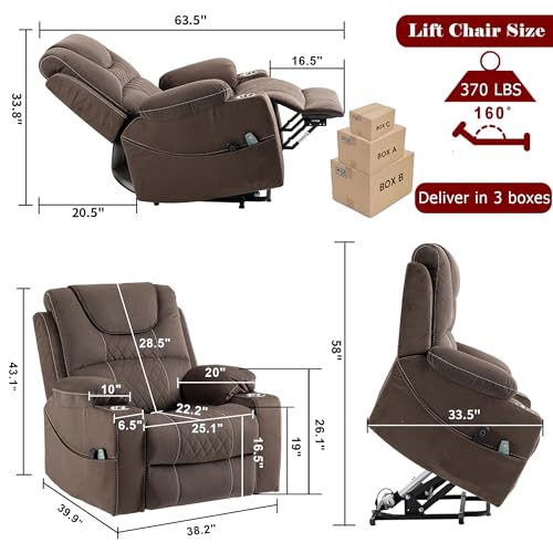 Power Lift Chair Lay Flat Recliner Infinite Position Electric Dual Motor Stand Up Lift Chair with Massage and Heat for Adults,Heavy Duty Recliners with 2 Remote Controls and Two Cup Holders