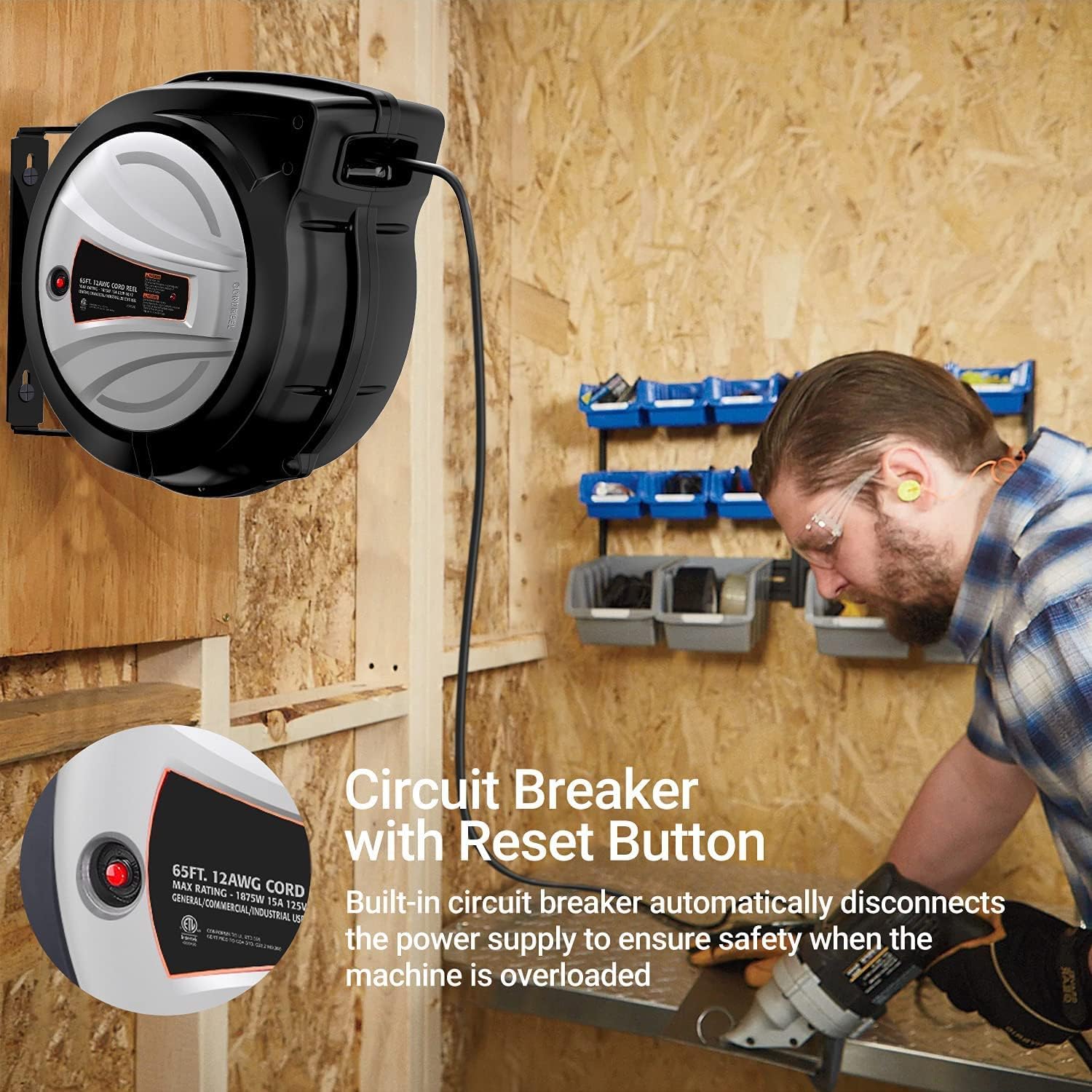 Extension Cord Reel, 65ft Retractable Extension Cord + 4.5ft/12AWG/SJTOW Rated Cord, Cord Holder with Swivel Bracket, Overload Protection, Auto Retraction and Triple Socket for Wall/Ceiling Mounting