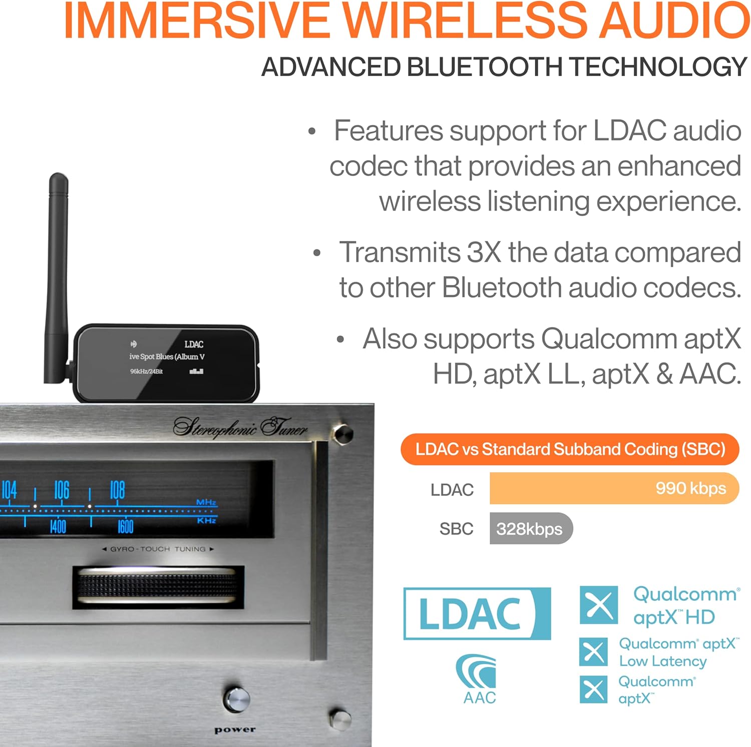 Auris Blume Pro HiFi Bluetooth 5.0 Music Receiver Long Range Bluetooth Adapter with Audiophile DAC, LDAC, aptX HD, OLED Display & Optical Coaxial AUX Output for Home Stereo, AV Receiver or Amplifier