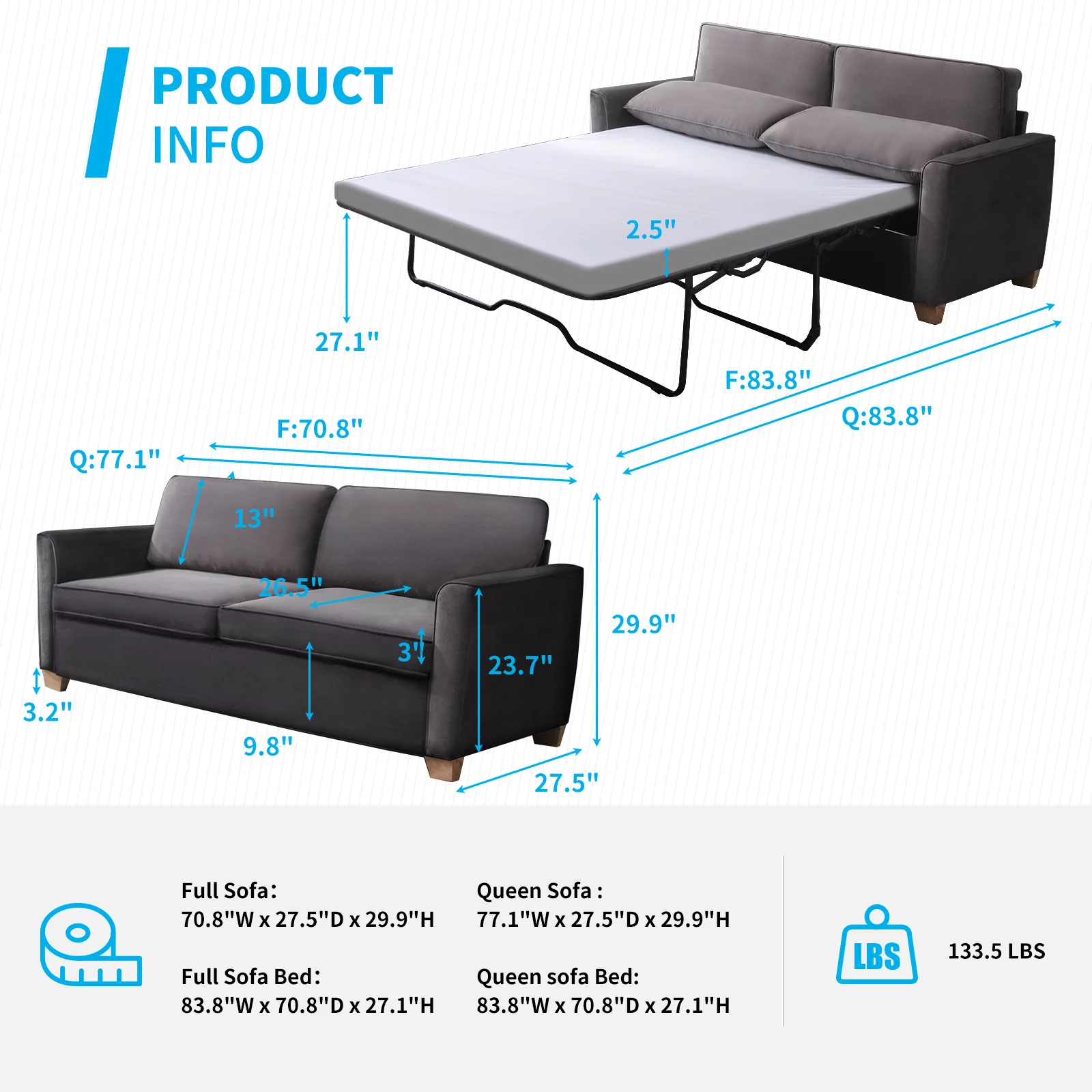 Mjkone Pull Out Sofa Bed, Sleeper Sofa Bed with Memory Foam Mattress, 2-in-1 Pull Out Couch Bed Suitable for Friends to Stay Temporarily, Loveseat Sleeper for Apartment/Small Spaces (Queen, Dark Grey)