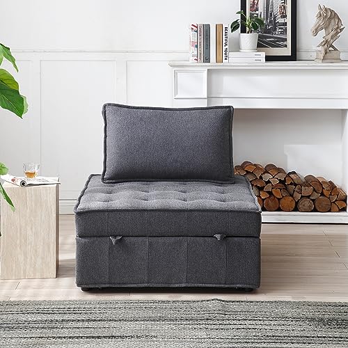Bellemave 3 in 1 Pulling Out Ottoman Sofa Bed,Multipurpose Faux Leather Folding Ottoman Sleeper Couch Lounger,Convertible Adjustable Sleeper Chair for Living Room Apartment Office（Dark Grey PU）