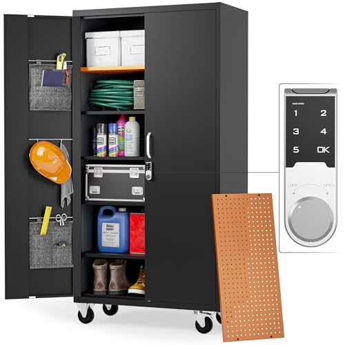 Metal Storage Cabinet with Wheels - Garage Storage Cabinet with Locking Doors | Key Lock | 72" Rolling Tool Storage Cabinet (Dark Gray)