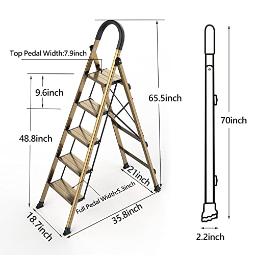 SOLADDER 5 Step Ladder, Folding Step Stool, Lightweight Aluminum Foldable Black Ladder for 10 Foot High Ceiling with Anti-Slip Wide Sturdy Pedal and Handgrip, Multi-Use for Home (300 lbs Capacity)