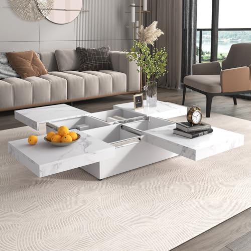 Square Coffee Table, 39.4" - 66.1" Marble Veneer Coffee Table Sliding Top with Storage, Modern Wood Center Table for Living Room, Apartment, White