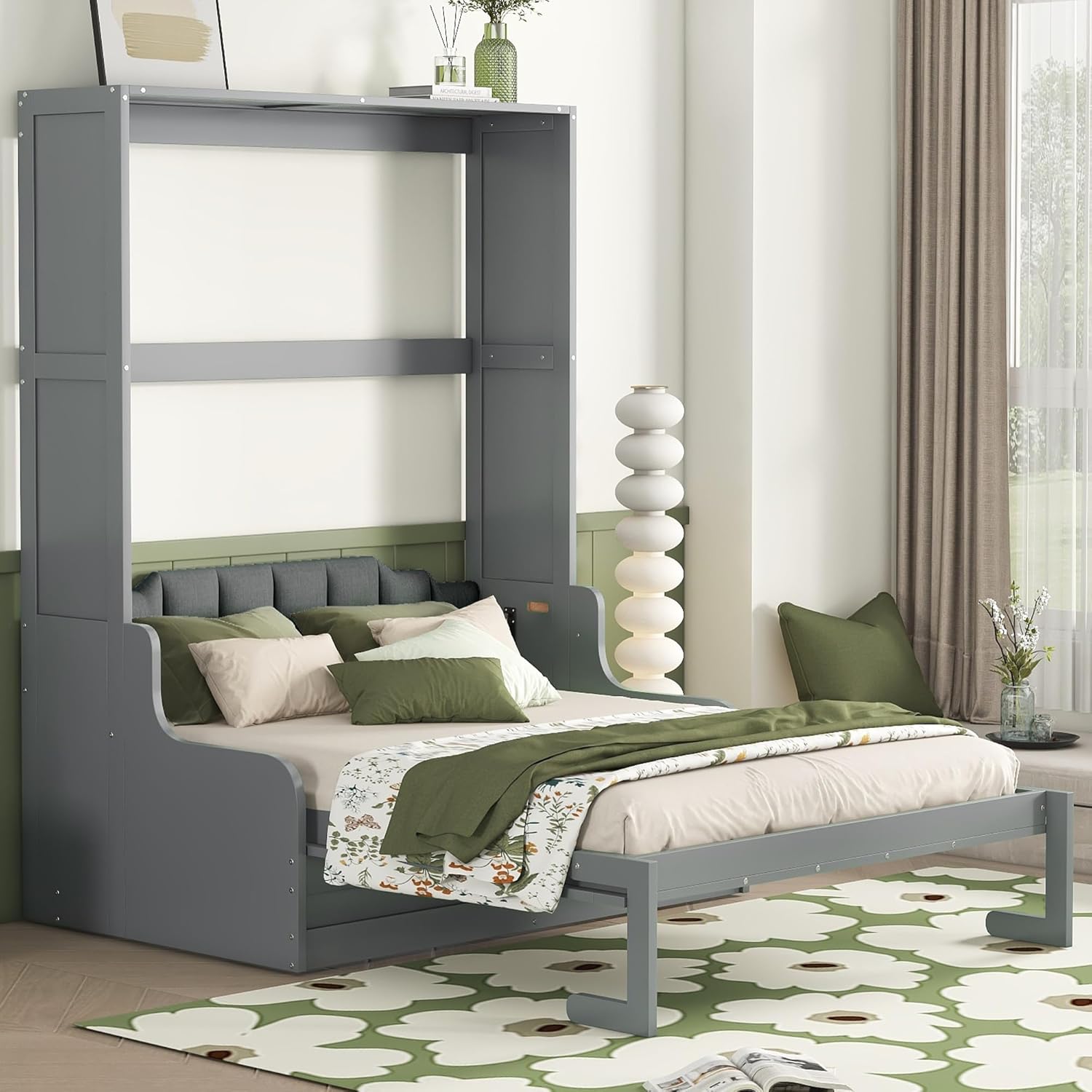 Queen Size Murphy Bed Chest with Upholstered Headboard, Solid Wood 87 "H Murphy Wall Bed Cabinet Bed with Cushion Seat for Guest Room Home Office, Space-Saving Design (Gray)