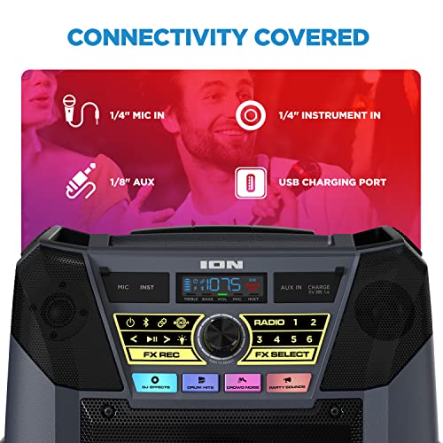 ION Block Rocker - Portable Bluetooth Outdoor Party Speaker with Karaoke Microphone, Battery, 4 Speakers, Radio, USB Port, App, Water-Resistant, 120W