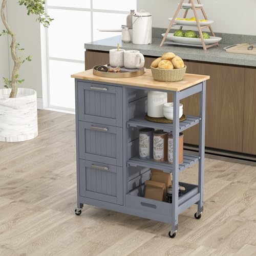 Kitchen Island, Rolling Storage Cart with Drawers & Removable Tray, Wood Storage Cart on Wheels with Countertop & 3 Tier Shelves, Modern Island Table for Kitchen, Dining Room