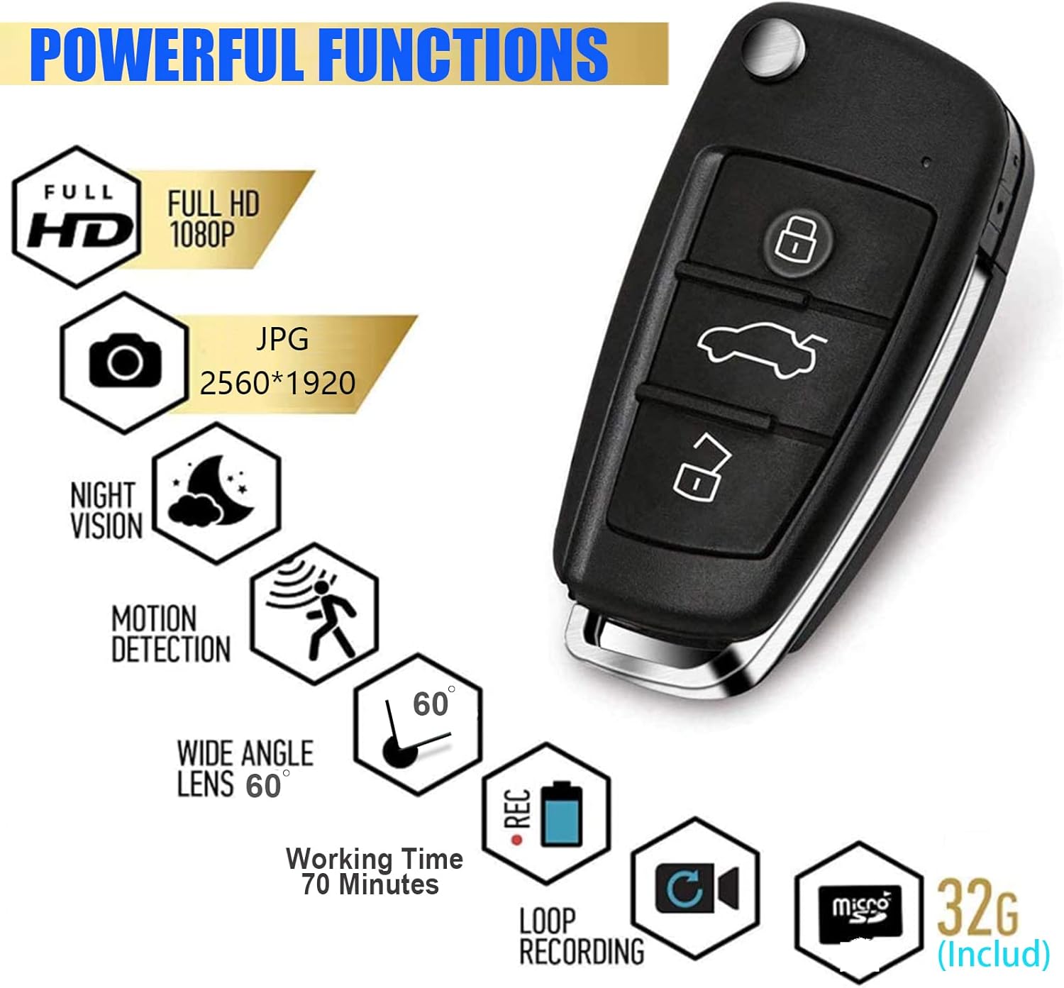 Buloge 32g Car Key Spy Camera ,Hidden Camera with IR Night Vision Motion Detection, Spy Camera Hidden Camera with HD 1080P , Image 2560X1920, Nanny cam, Surveillance & Security Cameras for Dating Pack of 2