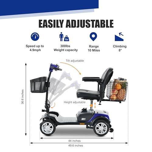 Folding Electric Mobility Scooter, 4.97 mph Max Speed, 10 Mile Range, 300 lbs Weight Capacity, 12V Lead-Acid Batteries, 300W Motor, Silver