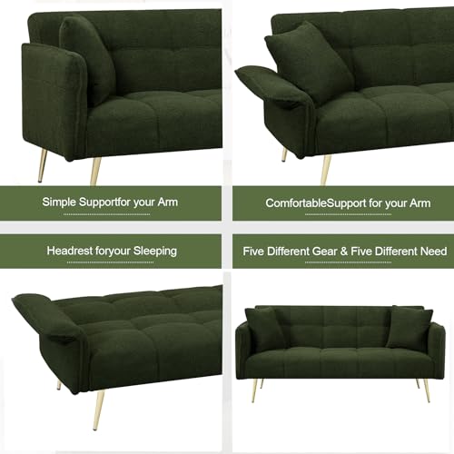 Futon Sofa Bed, Teddy Futon Couch Bed with Convertible Backrest, Modern Futon Couch with Adjustable Armrests, Sofa Bed with Memory Foam for Living Room, Bedroom, Beige