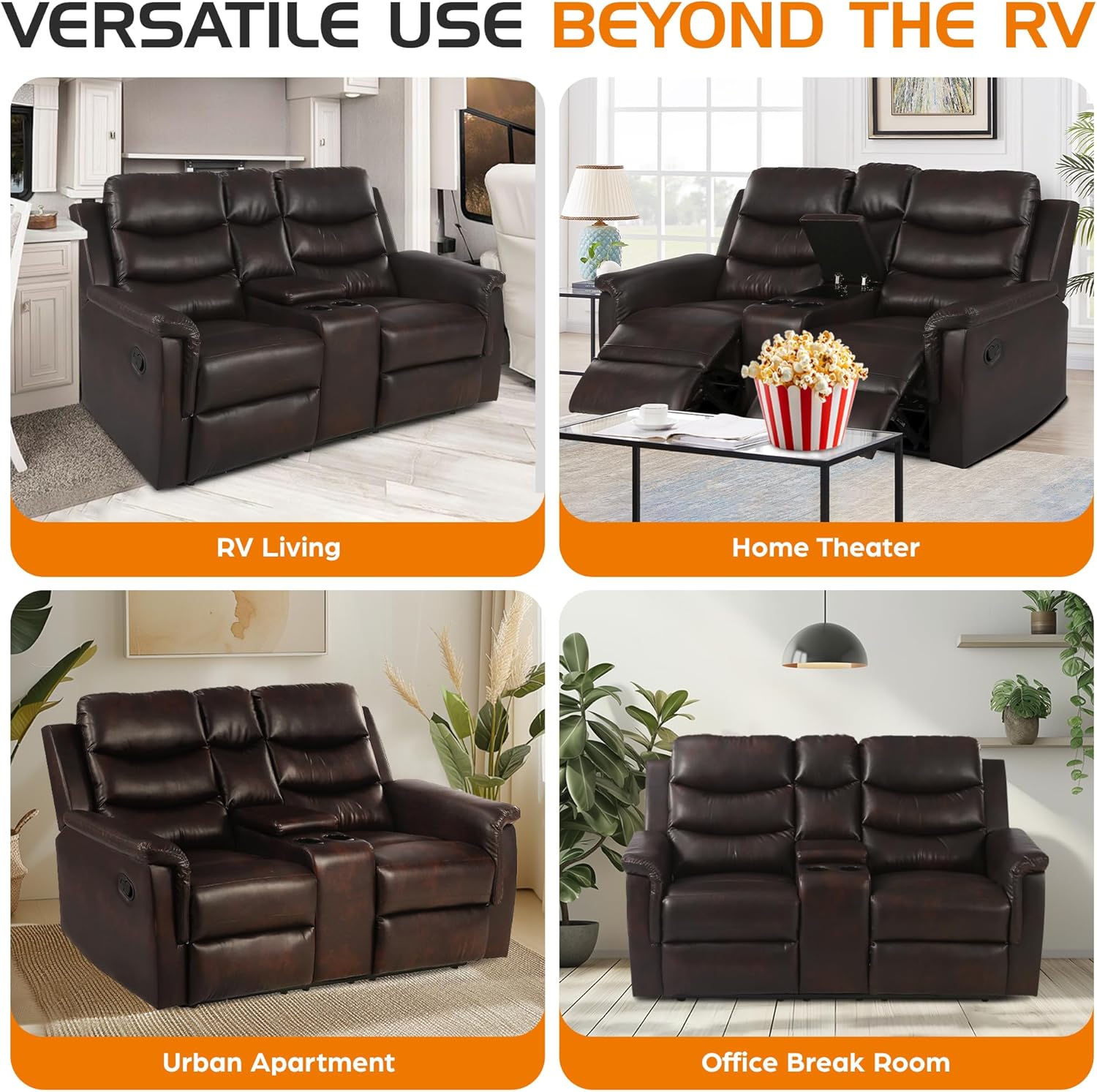 RV Loveseat Recliner Furniture Sofa - 68" Wall Hugger RV Couch with Console Cup Holder - Double Seat Reclining Chair for Motorhomes Camper Travel Trailers Fifth Wheel Browm