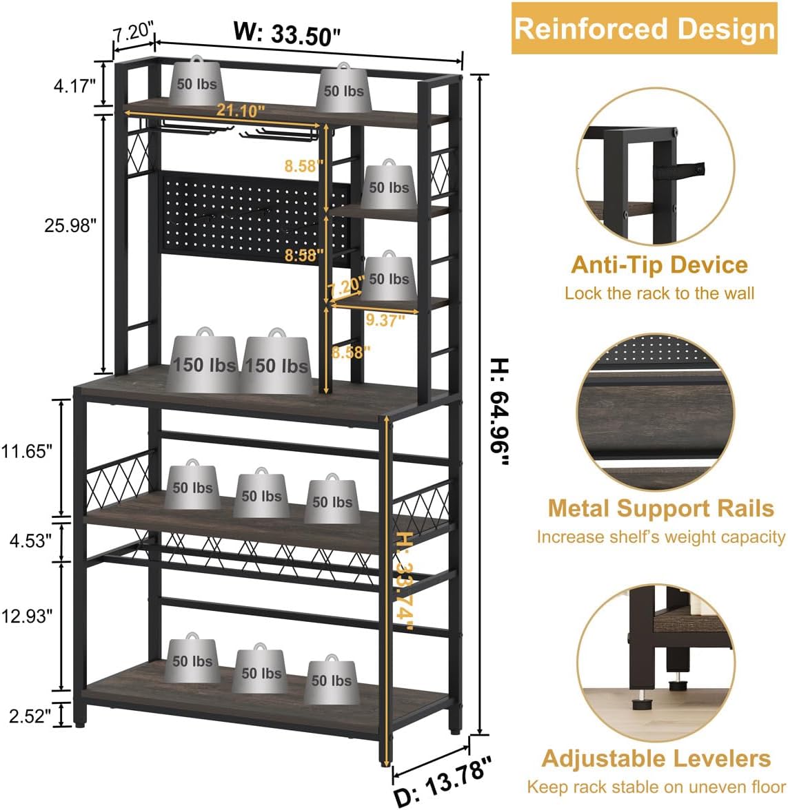 Industrial 3 Tier Mobile Gold Bar Cart with Wine Rack Freestanding Floor with Glass Holders and Hooks, Coffee Bar Cabinet with Storage with Wood and Metal Beverage Cart (Gold & Walnut Brown)