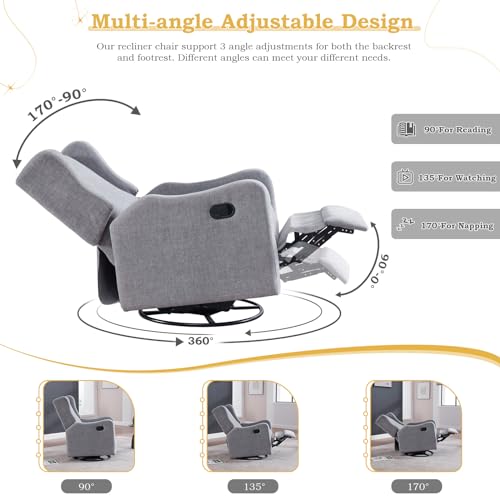 Swivel Rocking Recliner Chair for Adults, Upholstered Modern Manual Reclining Chair for Living Room, Adjustable Nursery Glider Rocker Chair, Single Lounge Sofa Recliner for Bedroom Small Spaces