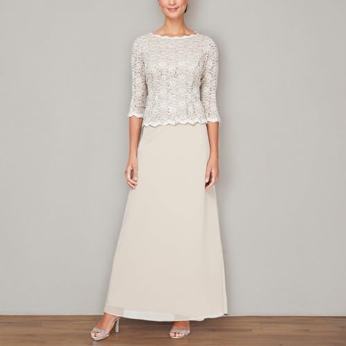 Alex Evenings Women's 3/4 Sleeve Stretch Lace Bodice One Piece Mother of The Bride Dress (Petite and Regular Sizes)