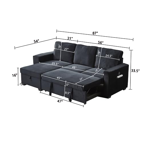 Modern L-Shaped Sectional Sofa, Velvet Sofabed with USB & Storage Chaise, Brown