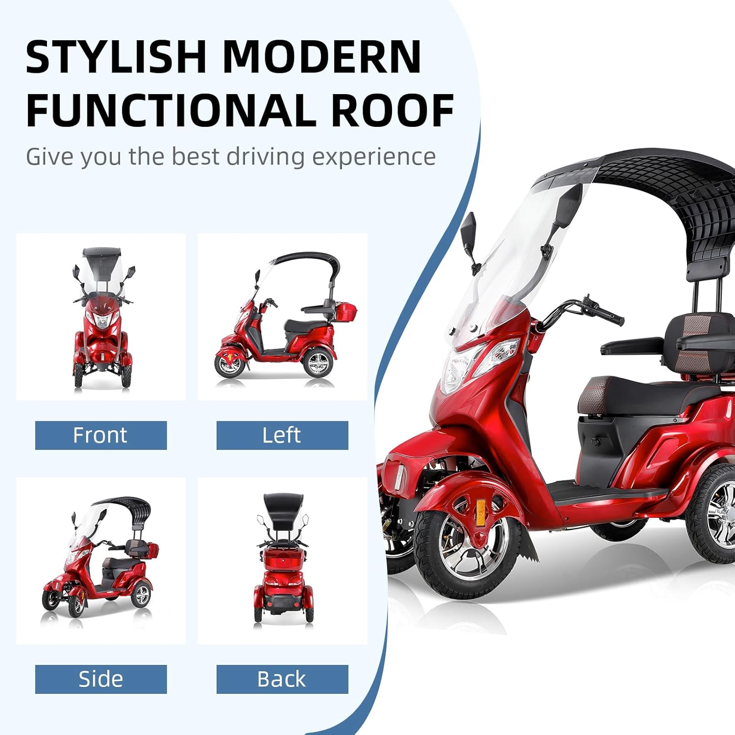 Mobility Scooters for Seniors, 4 Wheel Powered Mobility Scooters, Electric Wheelchairs for Adults, Electric Powered Wheelchair Device with Canopy & Windshield, Long Range Power for Travel-RED