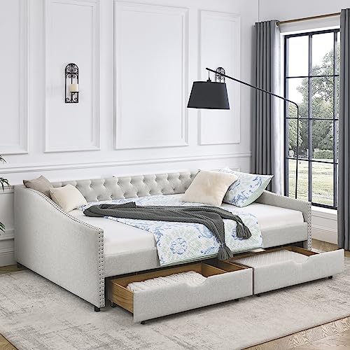 Upholstered Daybed with Drawers, Modern Fabric Queen Size Button Tufted Daybed Frame Sofa Bed, No Box Spring Needed, Space Saving, Beige