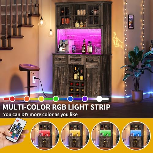 DWVO Coffee Bar Cabinet with Power Outlet/Lights, 72" Farmhouse Pantry Cabinet with Storage Shelves and 3 Drawers, Tall Liquor Cabinet Bar Cabinets for Home/Living Room, Dark Rustic Oak