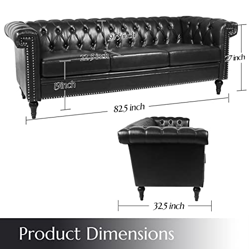 Chesterfield Velvet Sofas for Living Room, Traditional Square Arm 3-Seater Sofa 82.5" Couch Deep Button Nailhead Tufted Blue Upholstered Couches Removable Cushion Easy to Assemble