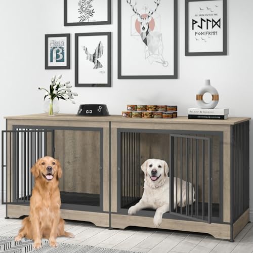 86 Inch Double Dog Crate Furniture with Divider, 4 Combination Forms Large Dog Kennel Furniture for 2 Dogs, Rustic Brown Corner Dog Kennel for Small Medium Large Dogs