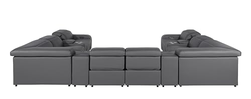 Ibero 12-Piece Italian Leather Sectional Sofa Set with 4 Recliners, Power Adjustable Headrests, USB and Wireless Phone Charger and Console Storage, Light Gray