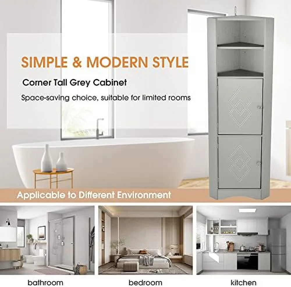 TJUNBOLIFE Corner Cabinet with Doors  Corner Bathroom  Cabinet with 2 Adjustable Shelves  Freestanding Bathroom Floor Corner Cabinet for Kitchen  Bathroom  Living Room (Gray)
