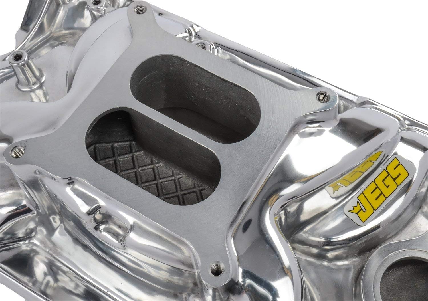 JEGS Small Block Chevy 1996-2002 Intake Manifold | For Use With Vortec Cast Iron Cylinder Heads | Non-EGR Design | Idle - 5500 RPM Power Range | Polished Aluminum | Square Bore Carburetor Mounting Pad