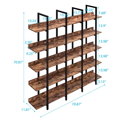 CALABASH Bookcases and Bookshelves Triple Wide 5 Tiers Industrial Bookshelf, Large Tall Bookcase Open Display Shelves with Metal Frame for Living Room Bedroom Library Home Office(Black)