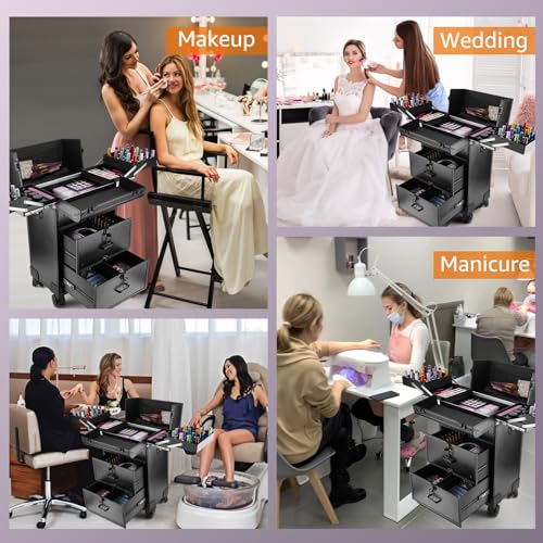 Yokilly Rolling Makeup Train Case, Professional Cosmetology Case on Wheels, Aluminum Cosmetic Trolley Travelling Cart Trunk with Swivel Wheels, Sliding Drawer & Keys for Nail Technician Stylist(Black)
