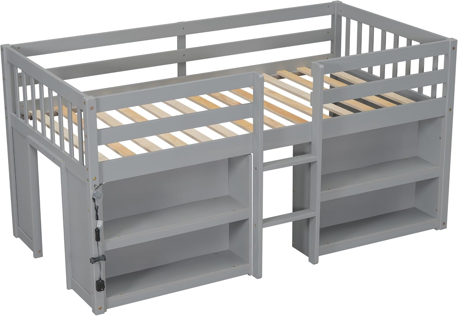 LED Twin Size Low Loft Bed for Kids,Twin Loft Bed with Storage Shelves,Kids Low Loft Bed Frame with LED Light,Space Saving, Grey