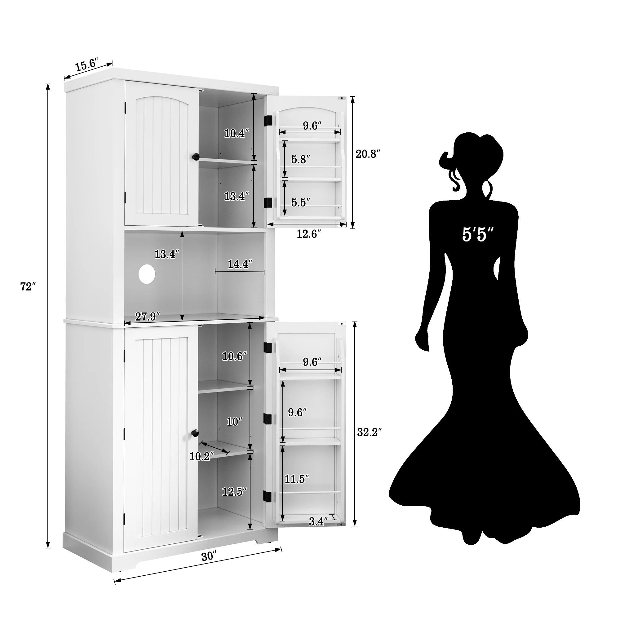 HLR 72" Kitchen Pantry Storage Cabinet, White Kitchen Hutch Cabinet with Microwave Stand, Freestanding Larder Cupboard，Utility Pantry with Doors and Shelves for Dining Room, Living Room, Laundry