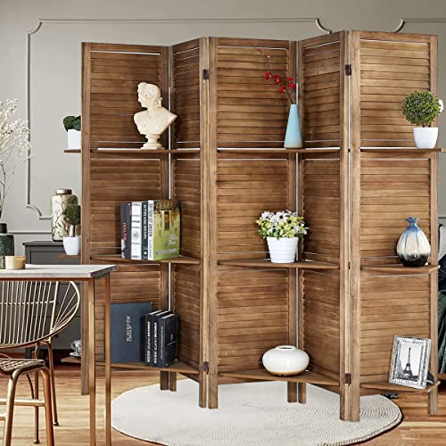Room Divider with Shelves, Privacy Screen, Room Dividers and Folding Privacy Screens, 5 Panel Wood Temporary Wall Partition Separation Separator, Coconut