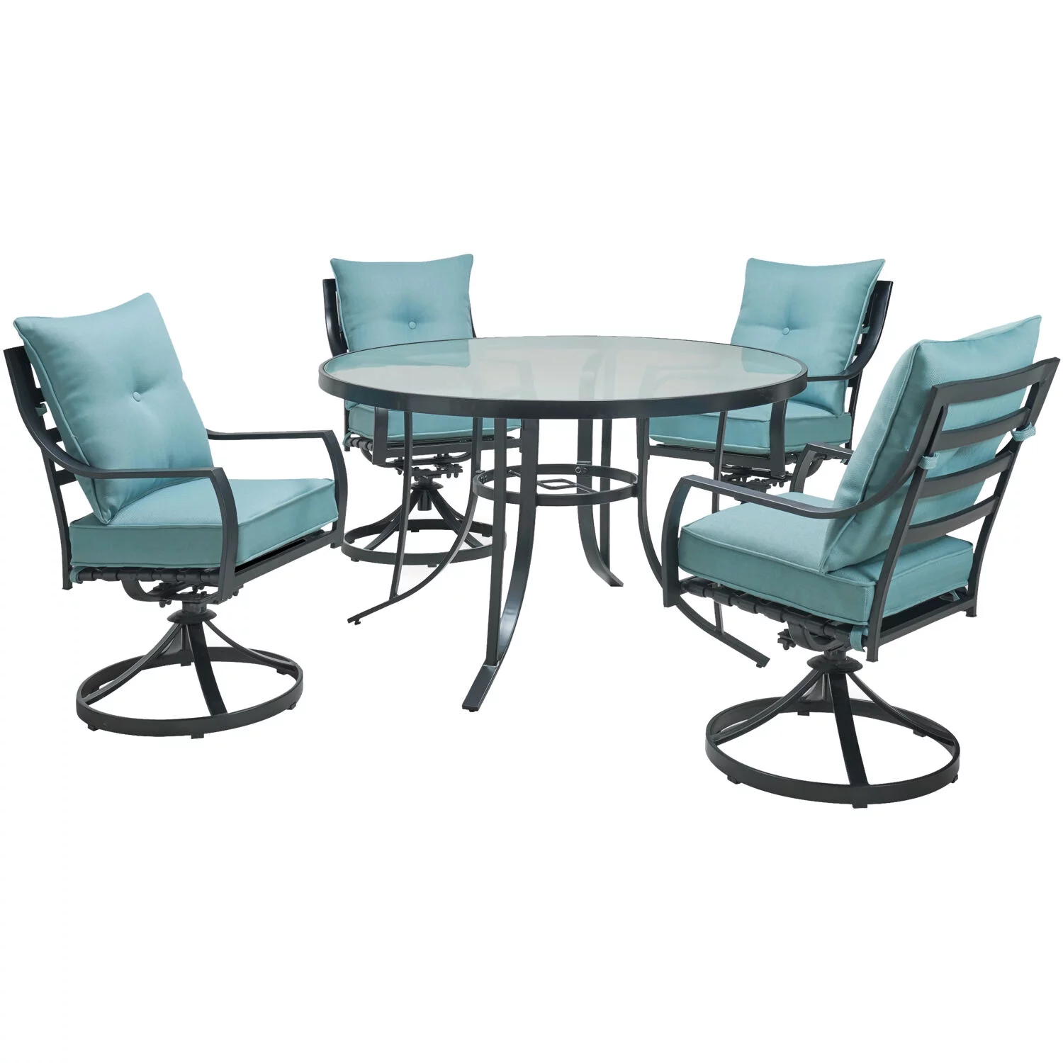 Hanover Lavallette 5-Piece Modern Outdoor Dining Set | 4 UV Protected Cushioned Swivel Rocker Chairs | 42'' Square Glass-Top Table | Weather Resistant Frame | Silver | LAVDN5PCSW-SLV
