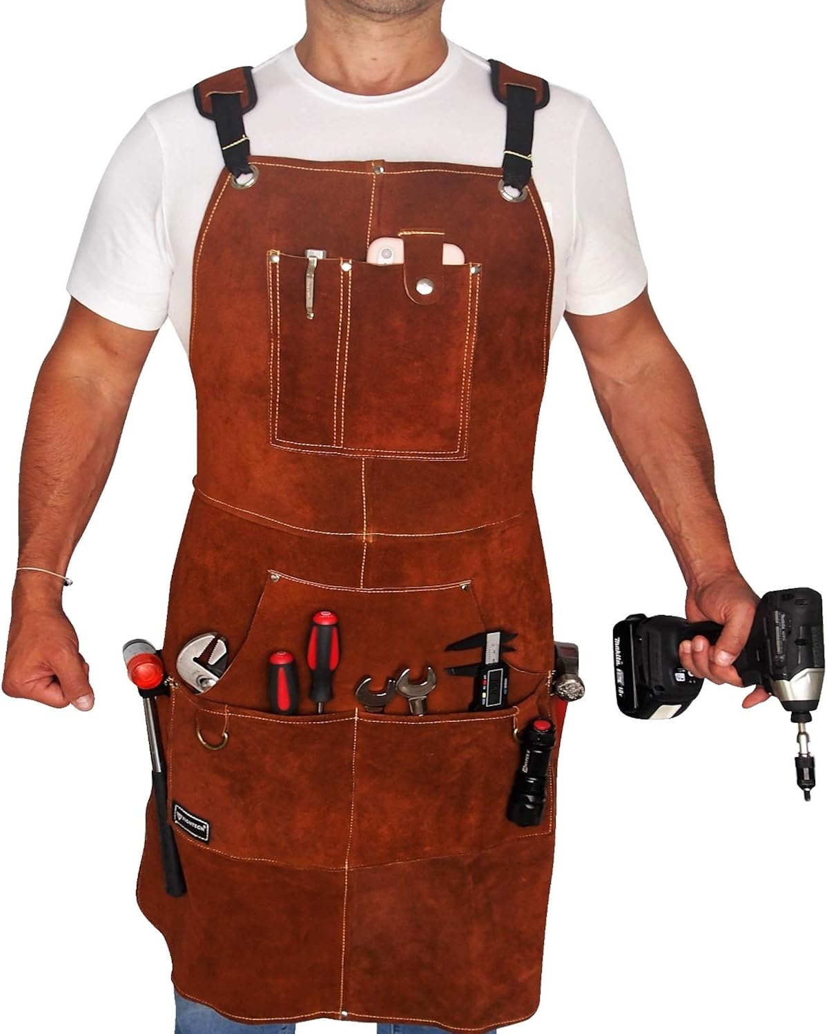 FIGHTECH® Leather Work Apron with Tool Pockets | Welding Apron w Kevlar Stitching | Woodworking Shop Apron | Adjustable M-XXL Pack of 2
