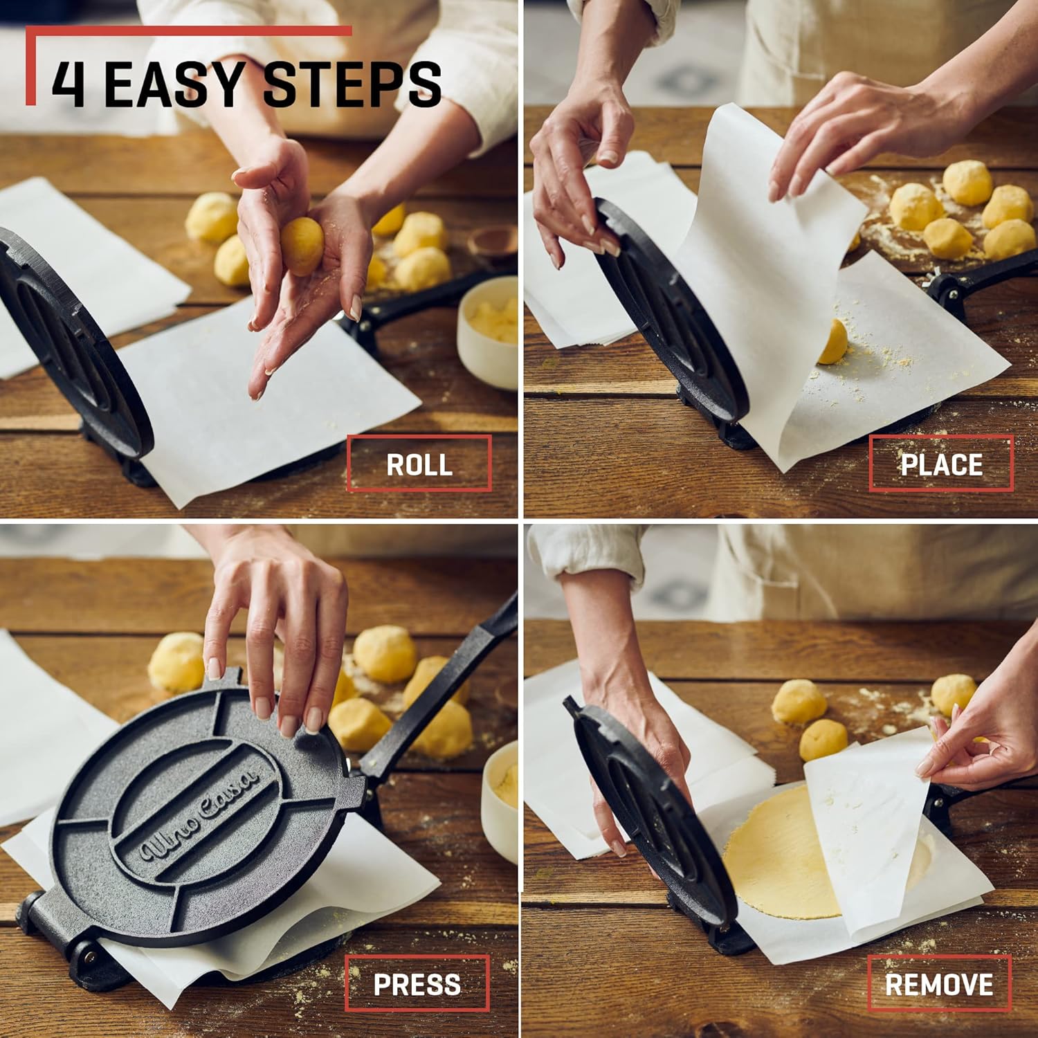 Uno Casa Cast Iron Tortilla Press 8 Inch with Cast Iron Comal Pan - Bundle of Tortilla Pan for Roti, Tawa, Dosa and Pre-Seasoned Tortilla Press Pataconera