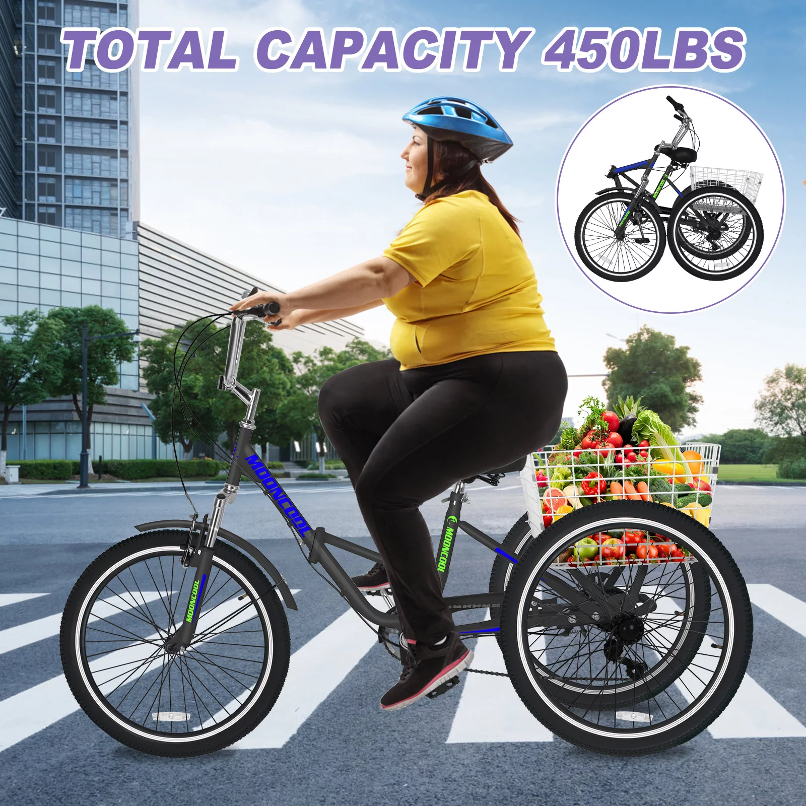 LILYPELLE 24 Adult Tricycle 7 Speed, Three Wheel Bikes for Adults 400lbs,Low-Step Through Trike Cruiser for Exercise Shopping Outdoor Activities,Cyan