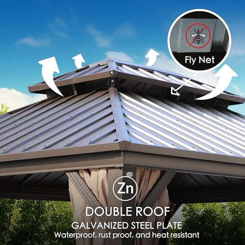 Kozyard Caesar 10'x10' Hardtop Gazebo - Permanent Metal Pavilion with Netting and Shaded Curtains for Patio, Backyard, and Deck - Galvanized Steel Outdoor Aluminum Canopy, Double Roof Gazebo (Grey)