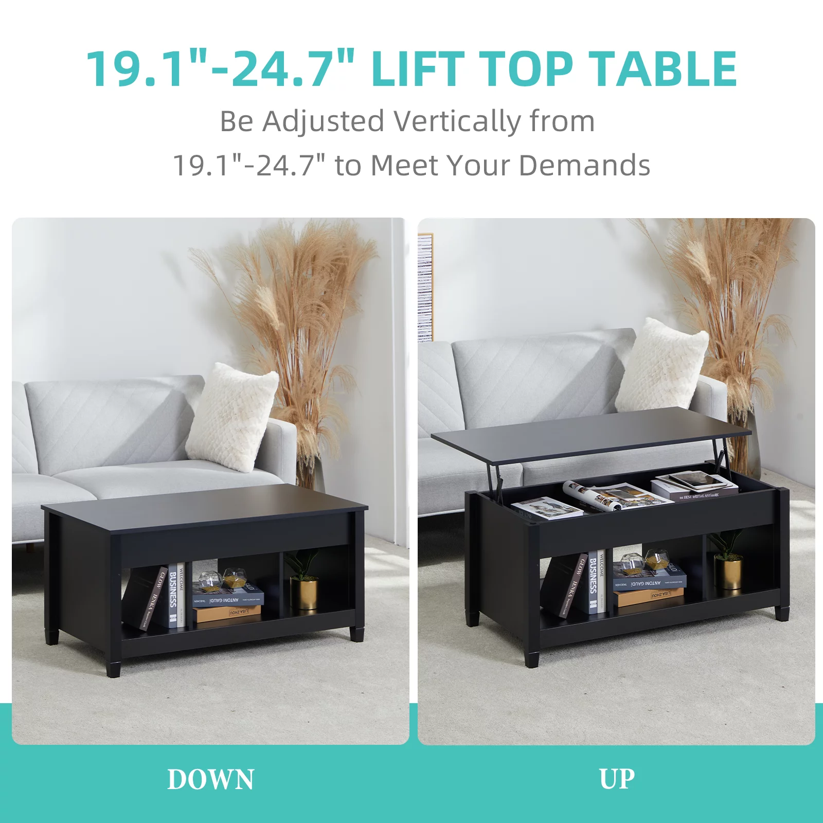 Lift Top Coffee Table, 41" X 19.5" Rising Dining Table w/4” Depth Hidden Storage Compartment & 3 Open Shelves, Coffee Table Lift Top for Reception & Living Room, Office, Small Apartment
