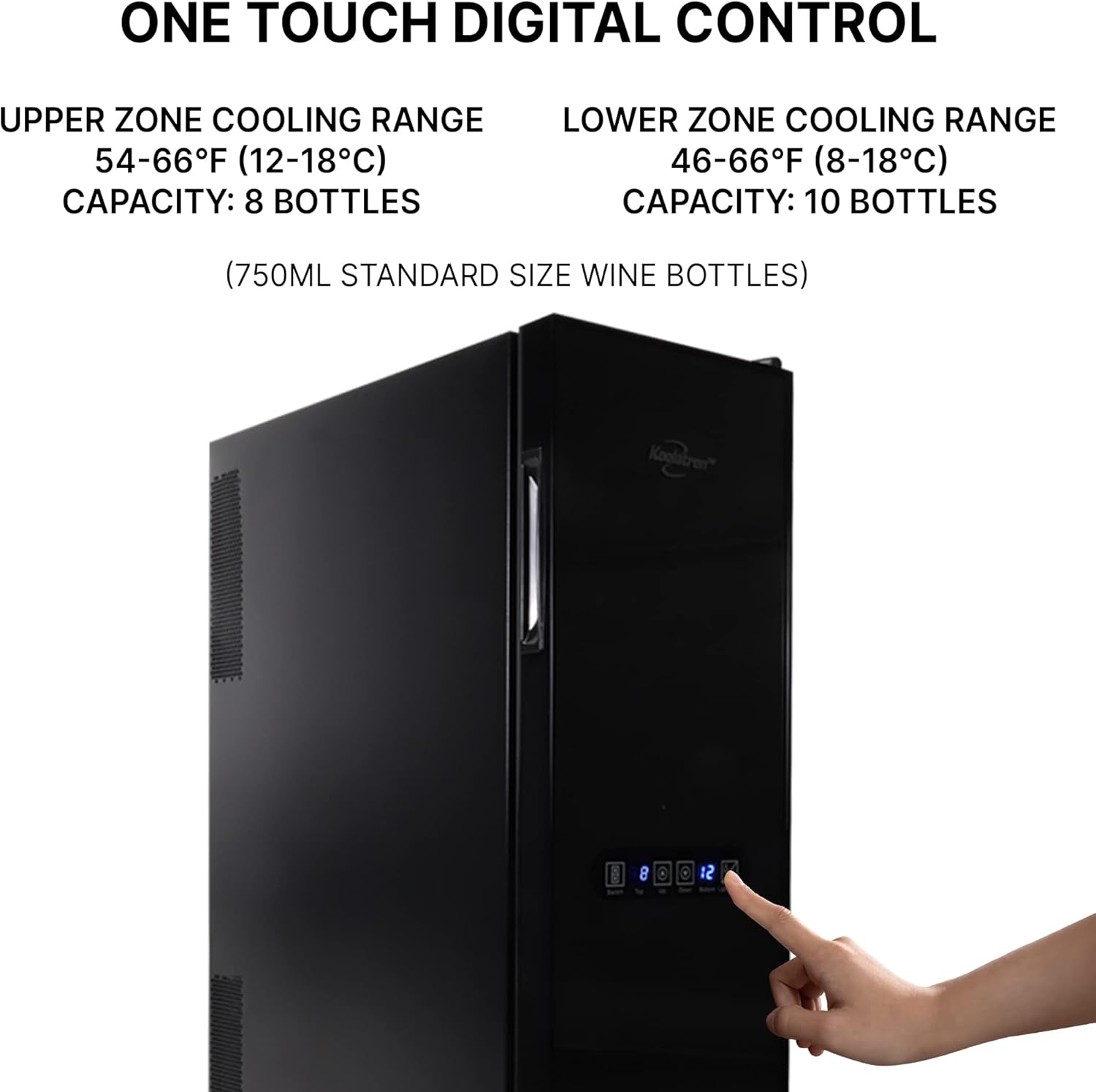 Koolatron 18 Bottle Slim Dual Zone Wine Cooler, Black Thermoelectric Wine Fridge, 1.9 cu. Ft (53L) Freestanding Wine Cellar, Red, White, Sparkling Wine Storage for Home Bar, Kitchen, Apartment, Condo