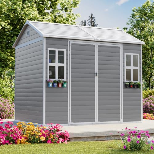 8x6x7 FT Resin Storage Shed, Waterproof Outdoor Storage Shed w/Floor, 2 Windows, Double Lockable Doors & Vents, Tool Shed for Patio Garden, Lawn, Backyard, Dove Grey