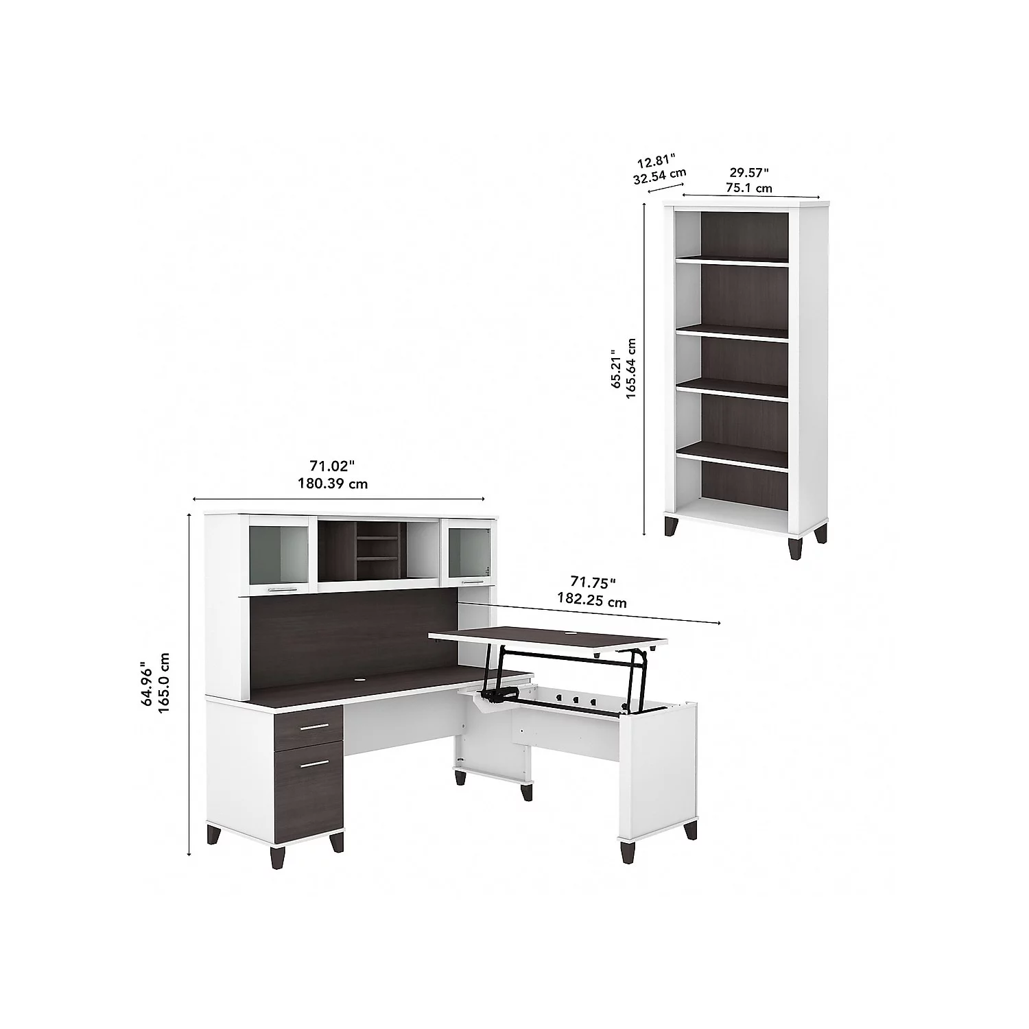 Somerset Sit to Stand L Desk Set with Bookcase in White/Gray - Engineered Wood