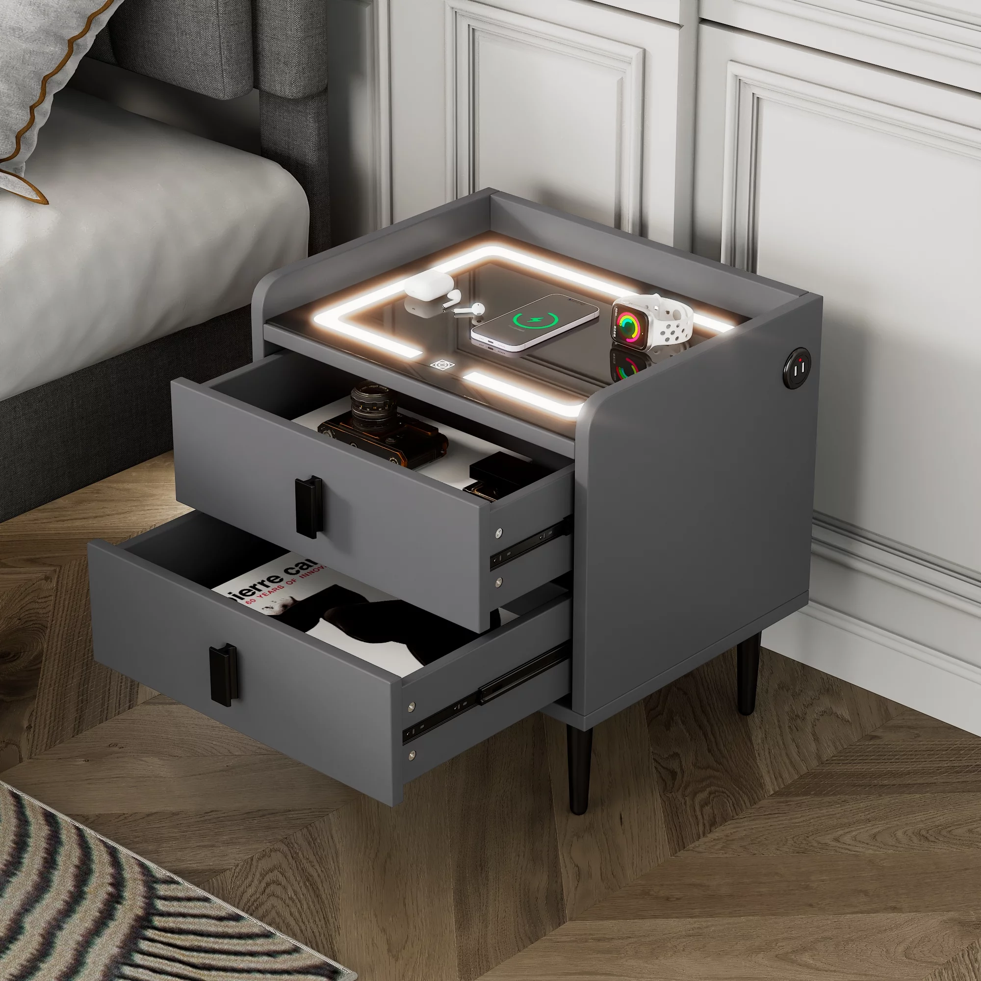 iRerts Side Table with Wireless Charging Station, Wood Nightstand with Drawer, USB Charging Ports and Adjustable LED Lights, Modern Storage Bedside Table End Table for Bedroom Living Room, Gray