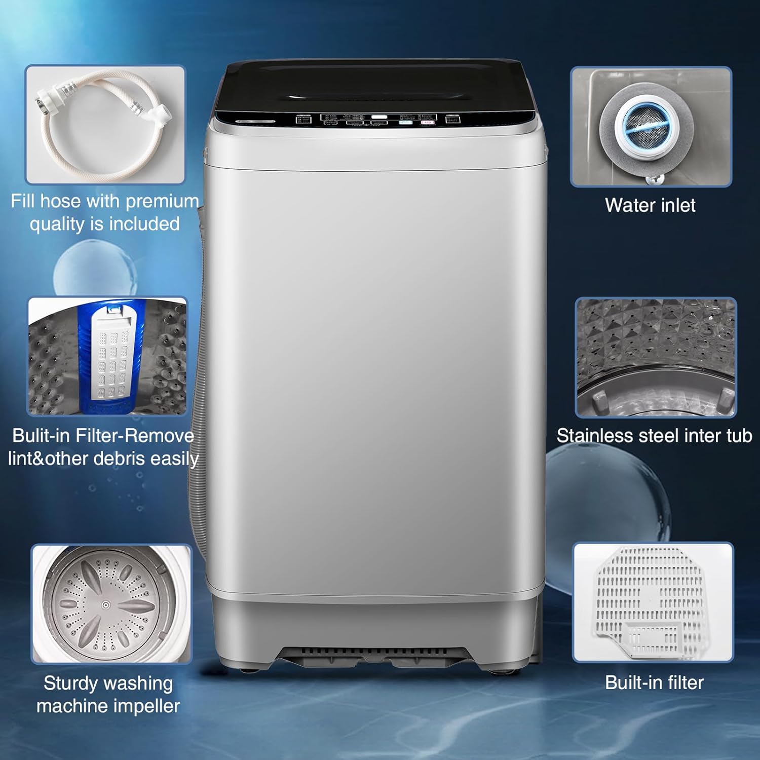 Portable Washing Machine, 13.3lbs Automatic Laundry Machine with 10 Programs, LED Display, High-efficiency Compact Washer for Apartment, Home, Dorms, Rv, Grey