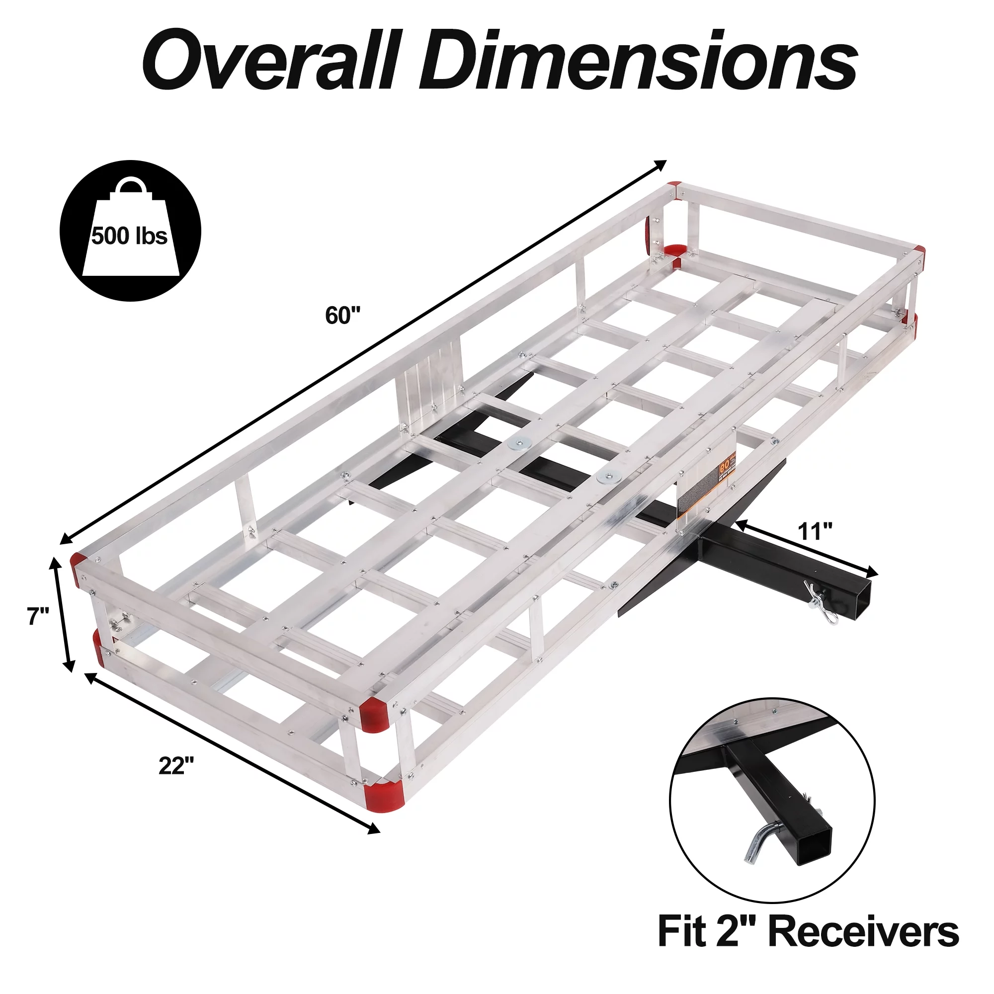 Aluminum Hitch Mounted Cargo Carrier, Car Back Hitch Cargo Carrier Luggage Basket Capacity Basket Trailer With High Side Rails For RV's, Trucks, SUV's, Vans, Cars,Fits Any 2" Receiver,Silver