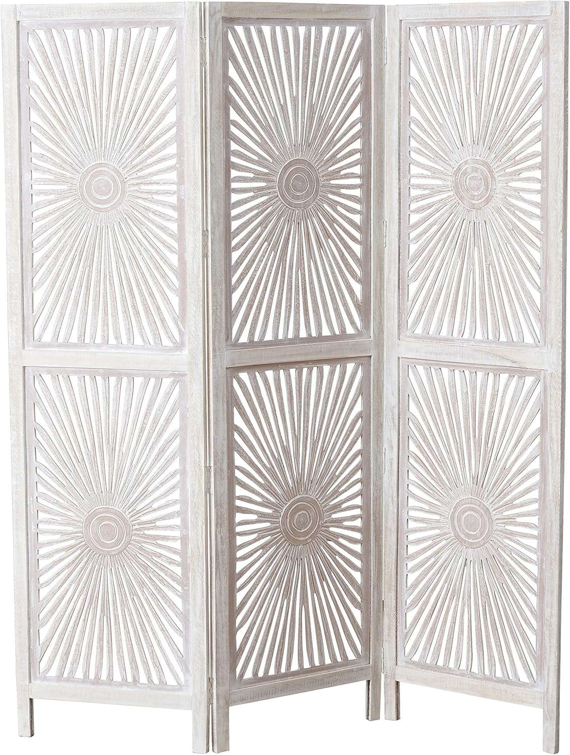 Modernist Sunburst Room Divider, Carved, Abstract Burst Motif, 3 Panel, Vintage Style, Rustic Pale Wood, White Wash Distressed, Mango and MDF Wood, Approx. 6 Ft Tall, 71.75 Inches Tall (182 H cm)