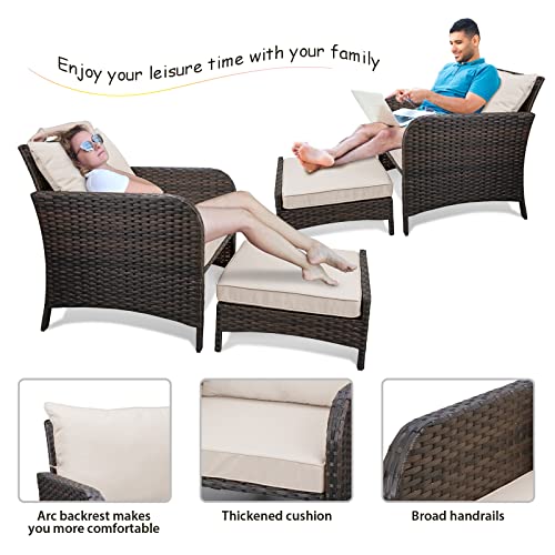 LEVELEVE Balcony Furniture 5 Piece Patio Conversation Set, PE Wicker Rattan Outdoor Lounge Chairs with Soft Cushions 2 Ottoman&Glass Table for Porch, Lawn-Brown Wicker