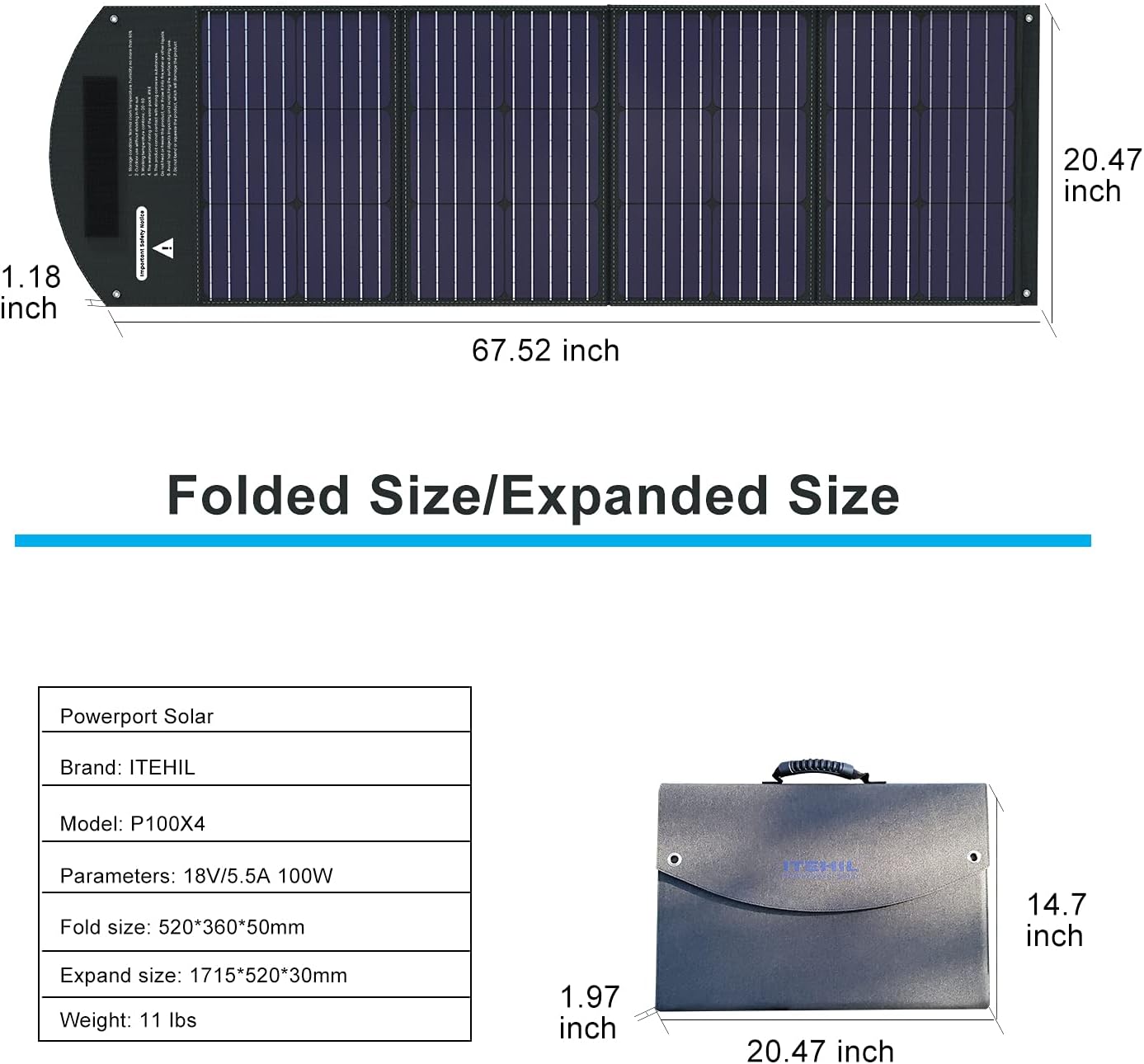 ITEHIL Solar Panel, 100W 18 Volt Monocrystalline Solar Panel Kits, Portable High Efficiency Solar Panel Charger, Foldable Solar Power Backup with USB 3.0/USB 2.0/DC Output for Home, Camping, RV…